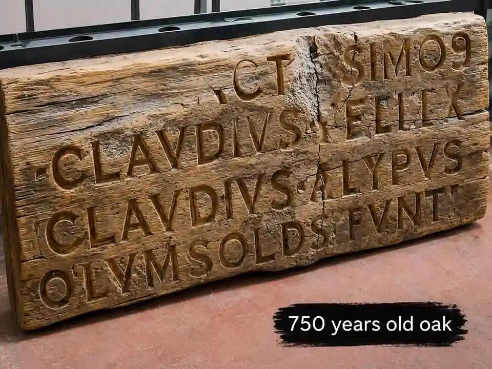 Weathered reclaimed oak beam with carved historical inscription