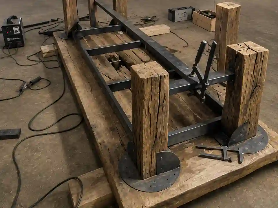 Workshop fabrication of reclaimed timber furniture with steel support components