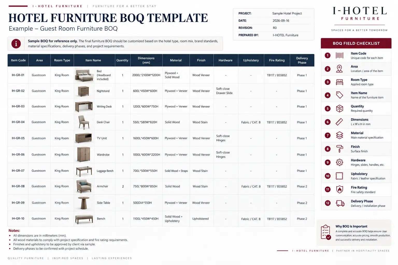 Hotel furniture BOQ template by I-HOTEL Furniture available as a free Excel download