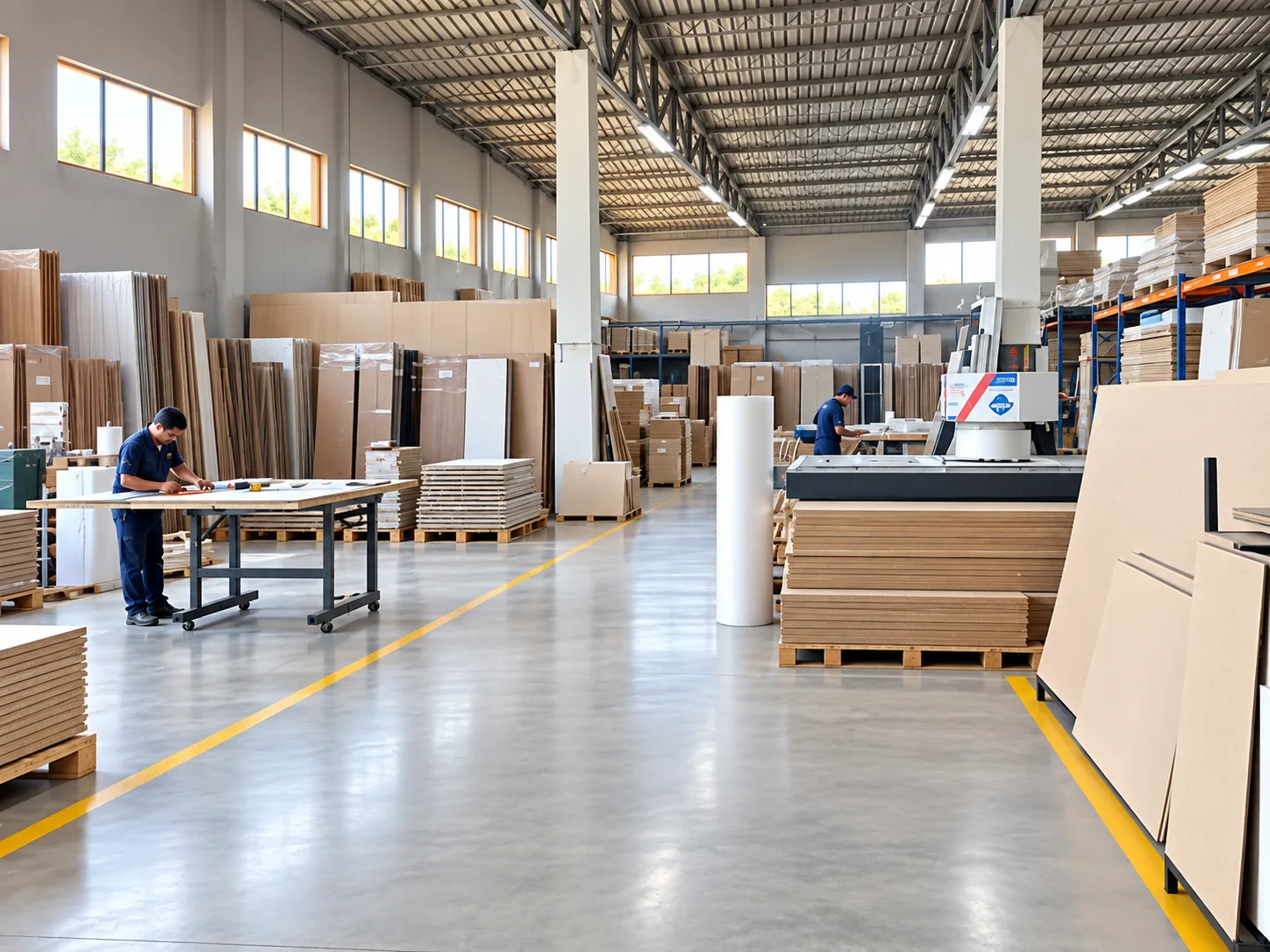 Worker measuring furniture components at a workbench inside the I-HOTEL production facility