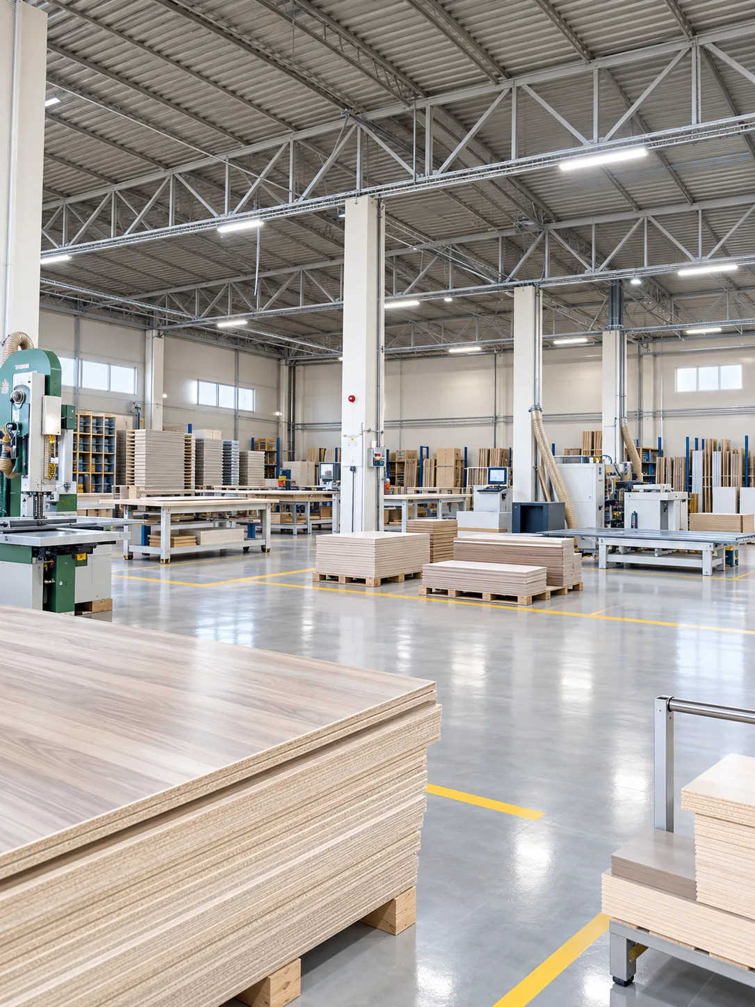 Prepared furniture panels and production tables inside the I-HOTEL factory