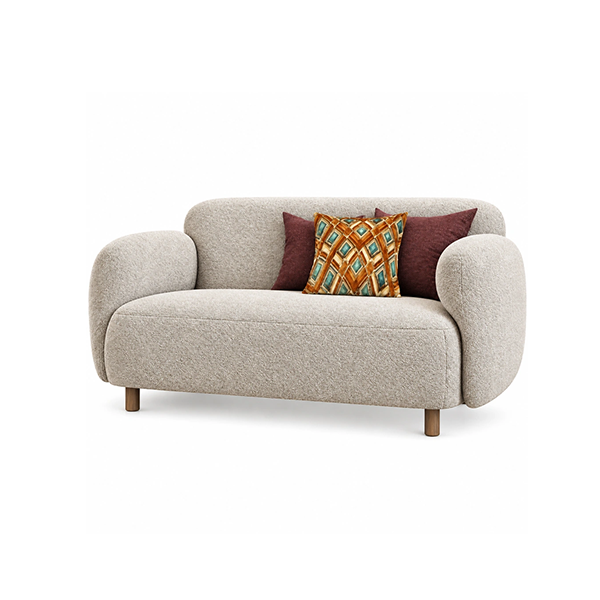 Beige boucle loveseat with rounded arms for hotel lobby and lounge areas