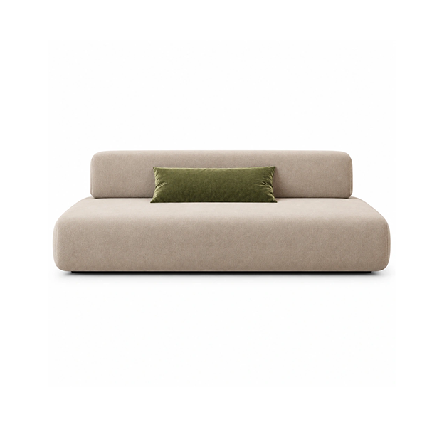 Beige minimalist upholstered sofa with green cushion for hotel interiors