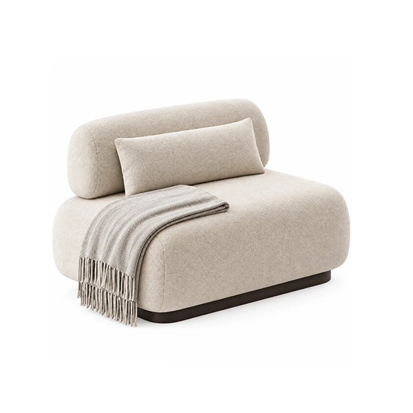 Cream boucle upholstered lounge sofa for hotel suites and lounge interiors