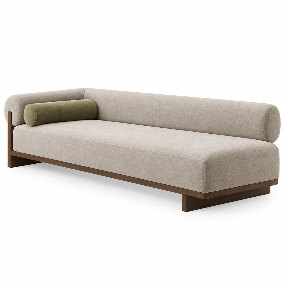 Custom hotel sofa reference with upholstered seat, bolster cushion and wood base