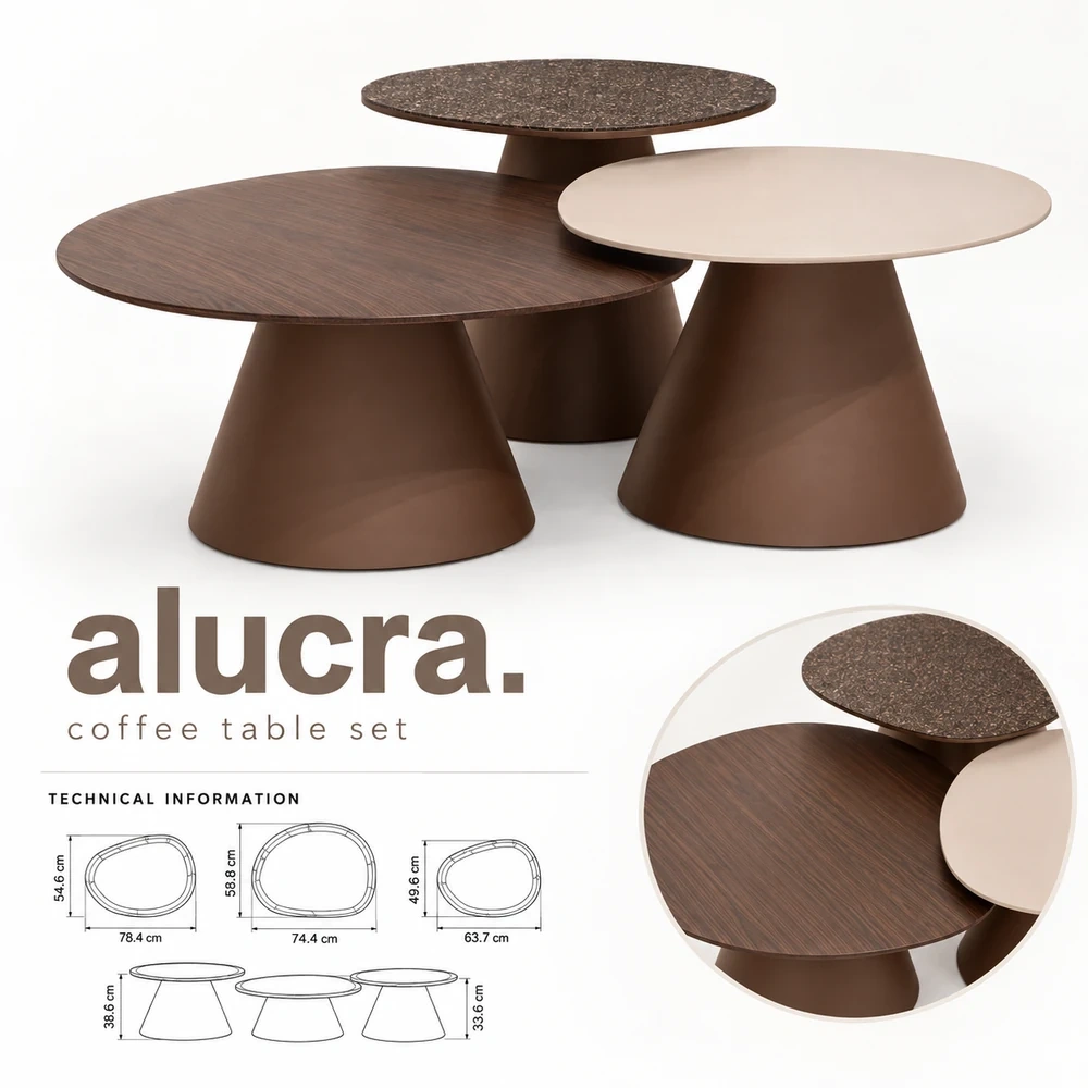 Alucra hotel coffee table set with three sculptural tables in different sizes and coordinated finishes
