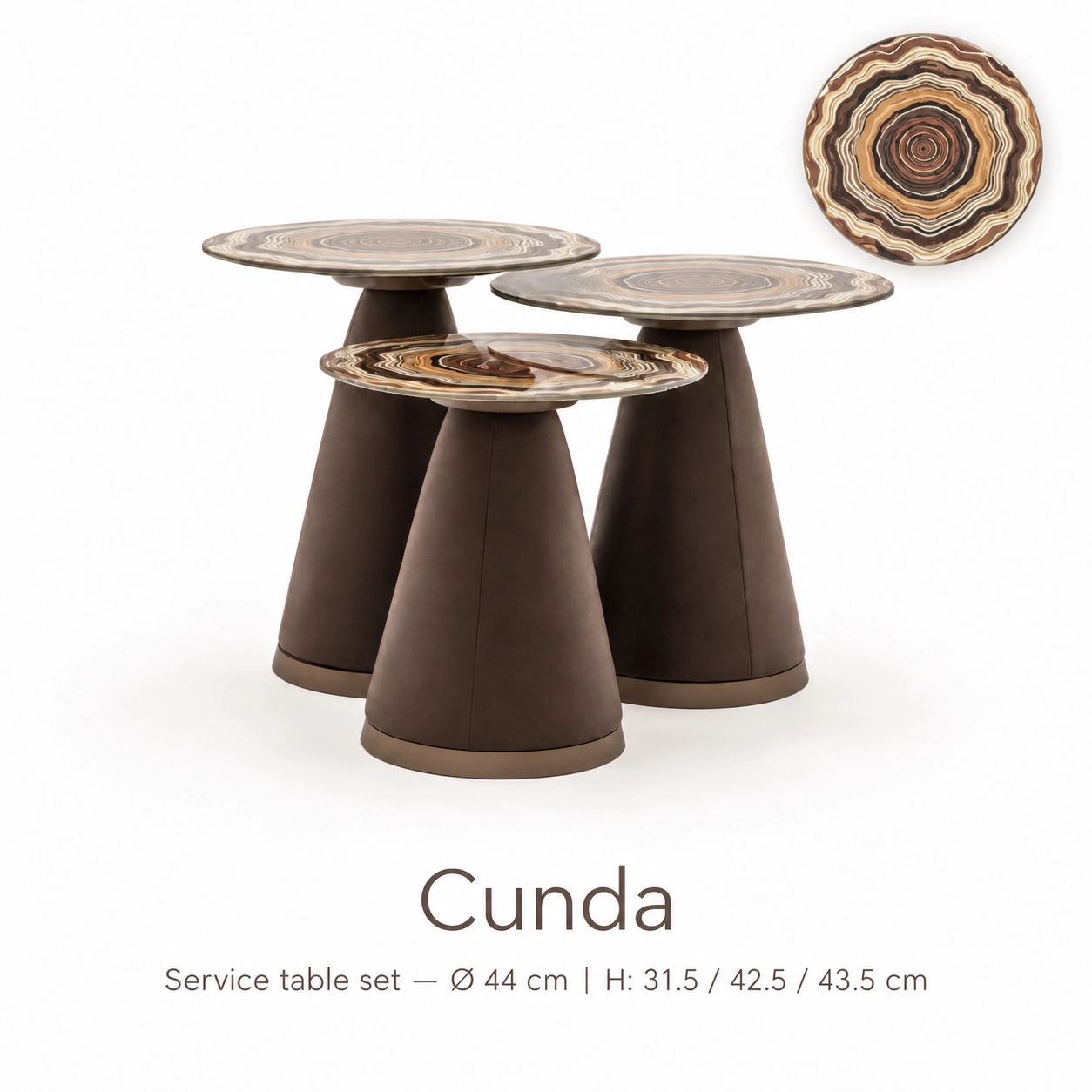 Cunda hotel service table set with three round tables in different heights and decorative patterned tops