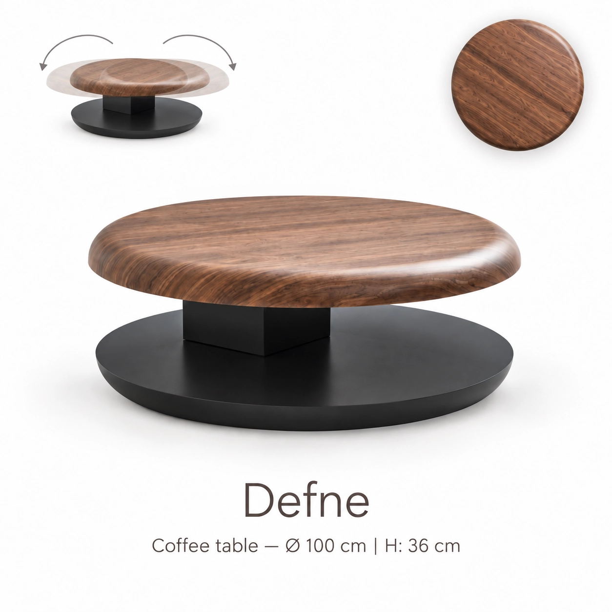 Defne functional hotel coffee table with rotating wood top and black circular base