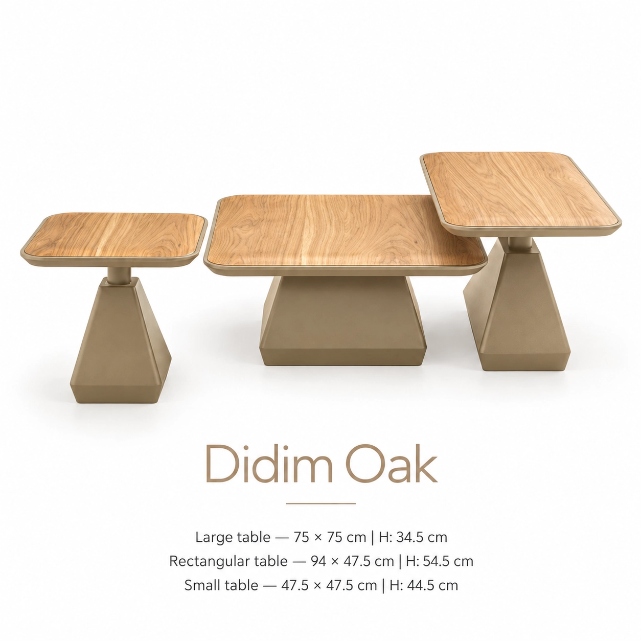 Didim Oak hotel coffee table set with three coordinated tables featuring oak veneer tops and sculptural bases