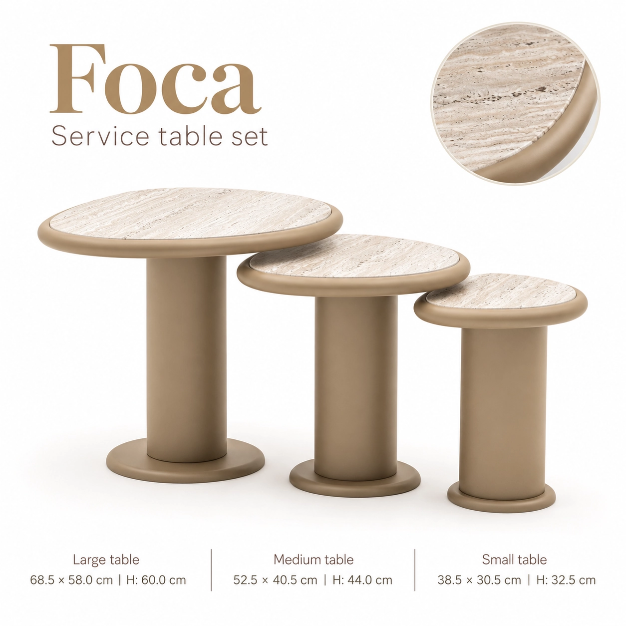 Foca hotel service table set with three coordinated pedestal tables in different sizes and heights