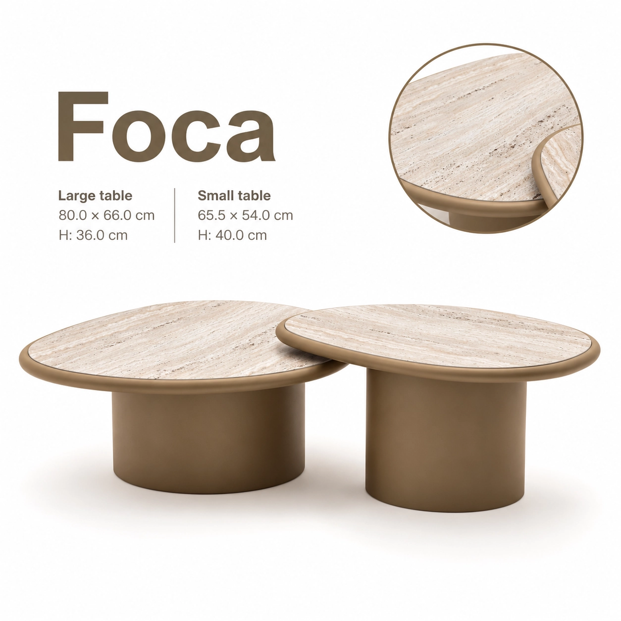 Foca hotel coffee table set with two rounded tables in different sizes and coordinated light stone-look tops