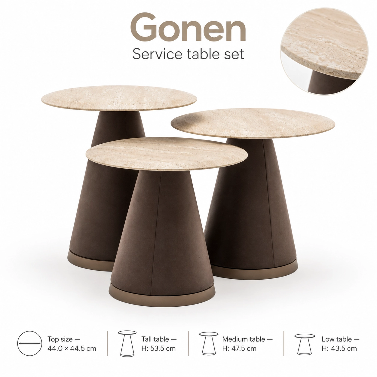 Gonen hotel service table set with three pedestal tables in different heights and light stone-look tops