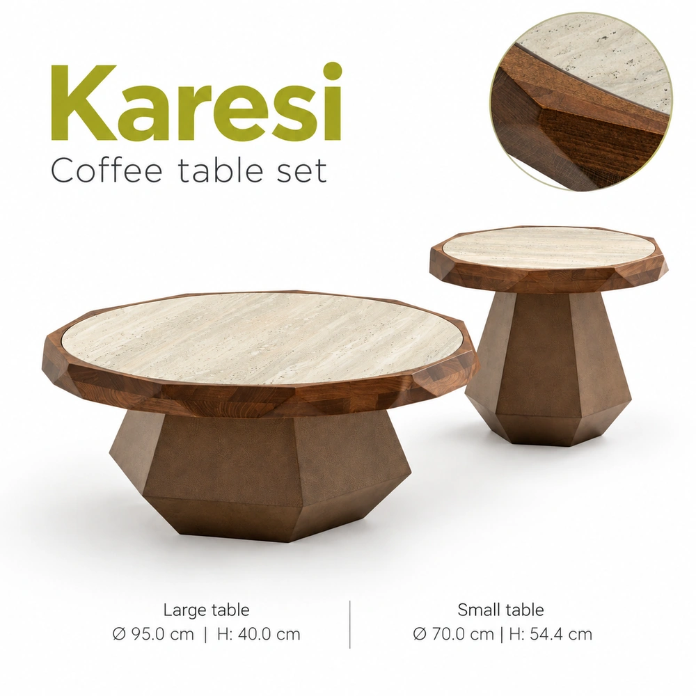 Karesi hotel coffee table set with two round tables, faceted bases and contrasting inset tops
