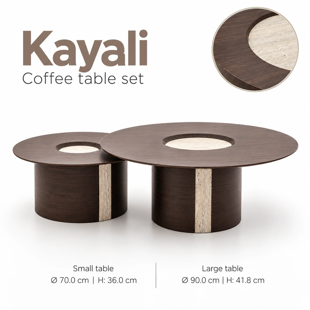Kayali hotel coffee table set with two round tables, dark wood finish and contrasting inset details