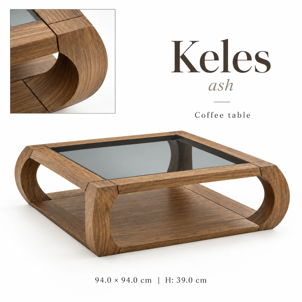 Keles Ash hotel coffee table made of ash wood with tinted glass top and lower shelf
