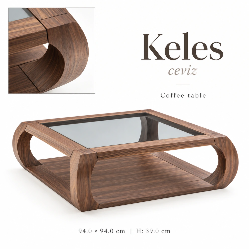 Keles Walnut hotel coffee table made of walnut wood with tinted glass top and lower shelf