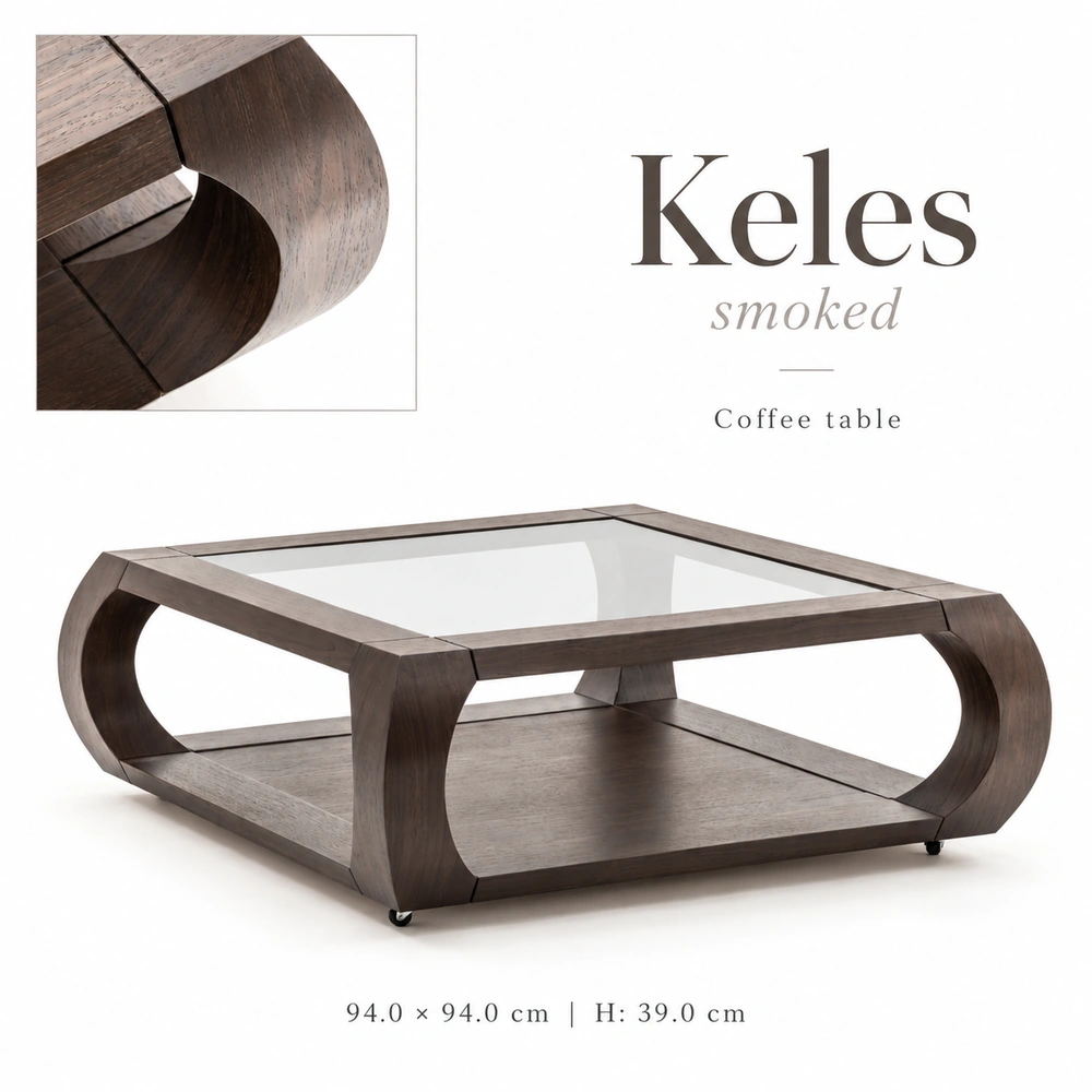 Keles Smoked hotel coffee table with dark smoked wood finish, glass top and integrated lower shelf