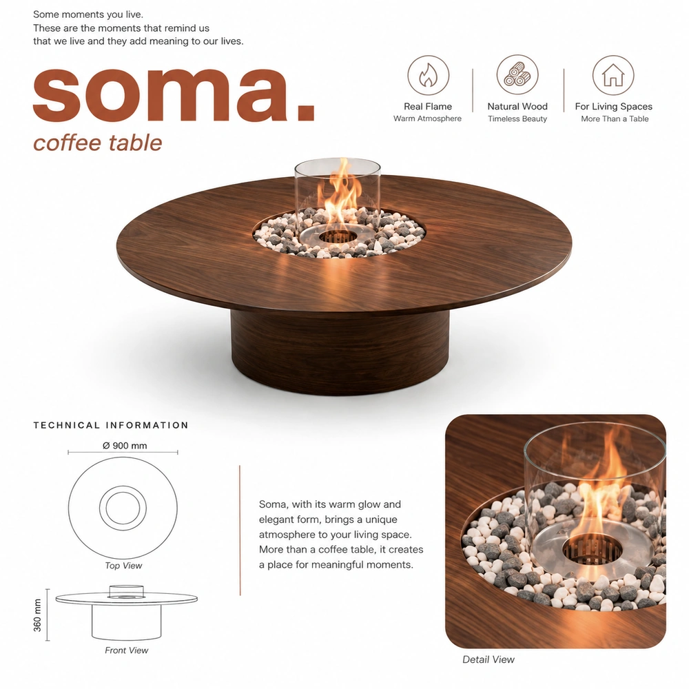 Soma hotel coffee table with round wood top and integrated central flame feature