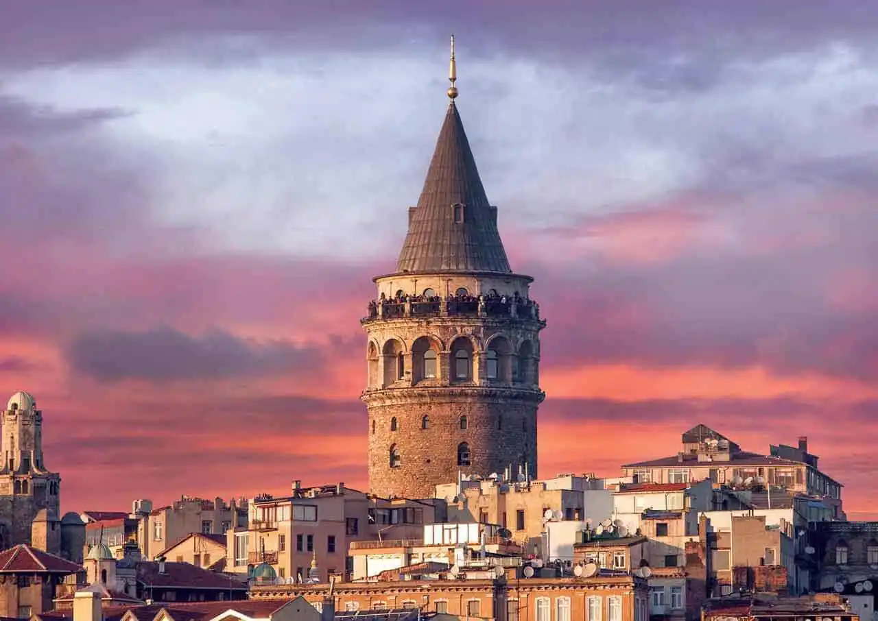 Galata Tower at sunset in Istanbul T&uuml;rkiye near Beyoğlu