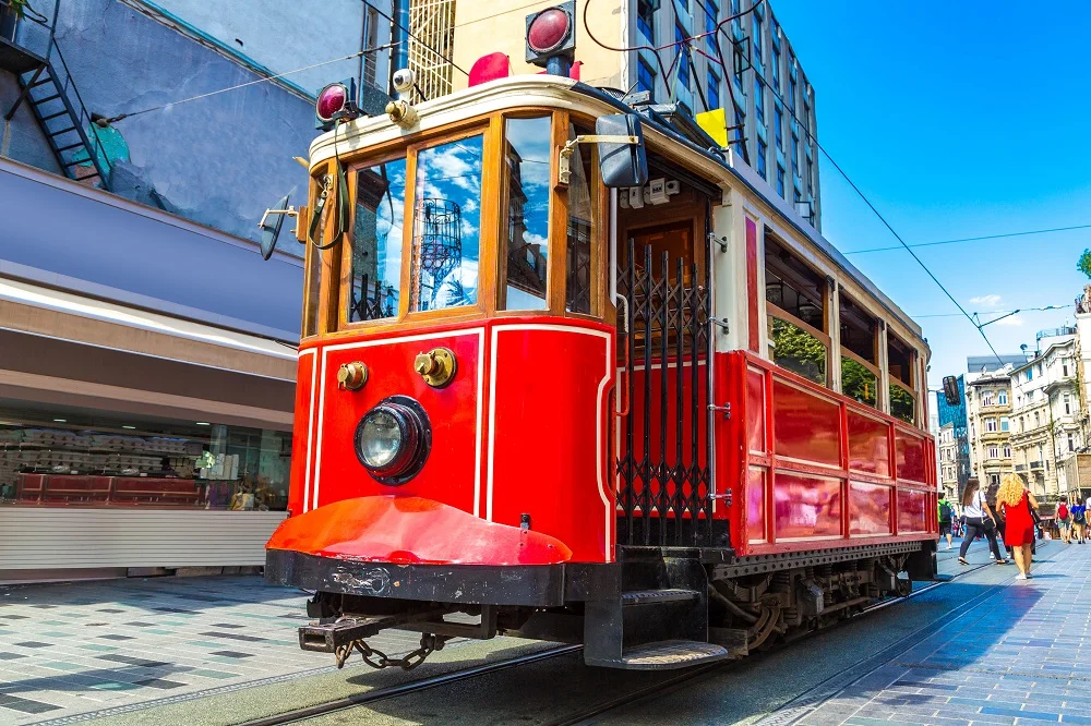 Historic red tram on İstiklal Avenue near Taksim Istanbul