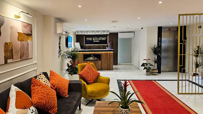Külsümz Hotel lobby seating and reception area in Istanbul