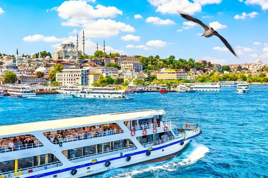 Bosphorus cruise boats and Istanbul waterfront in T&uuml;rkiye