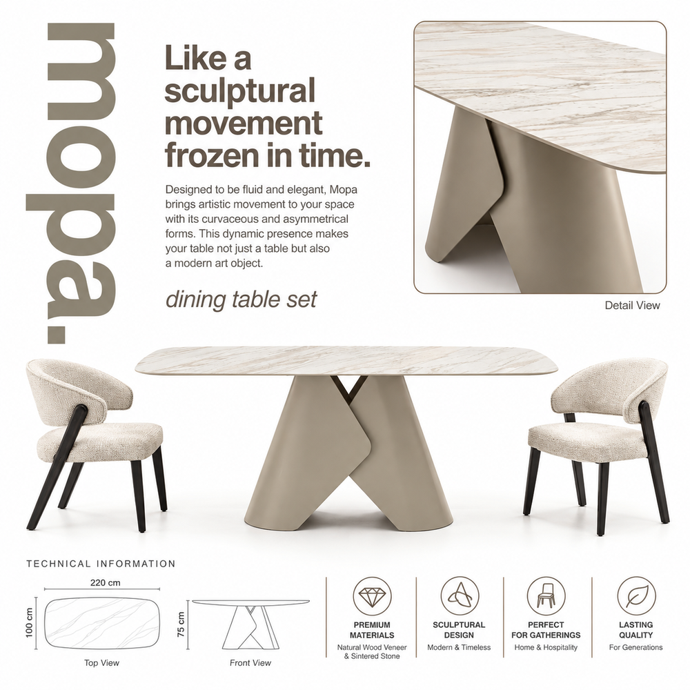 Mopa dining table set with sculptural base and upholstered chairs for hotel restaurant projects