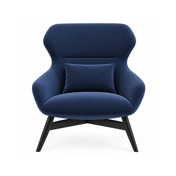 Navy blue upholstered hotel lounge armchair with black legs