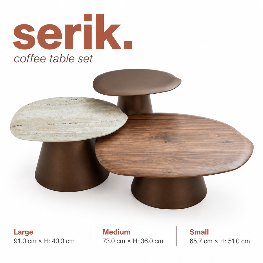 Serik hotel coffee table set with three sculptural tables in different sizes and contrasting tabletops