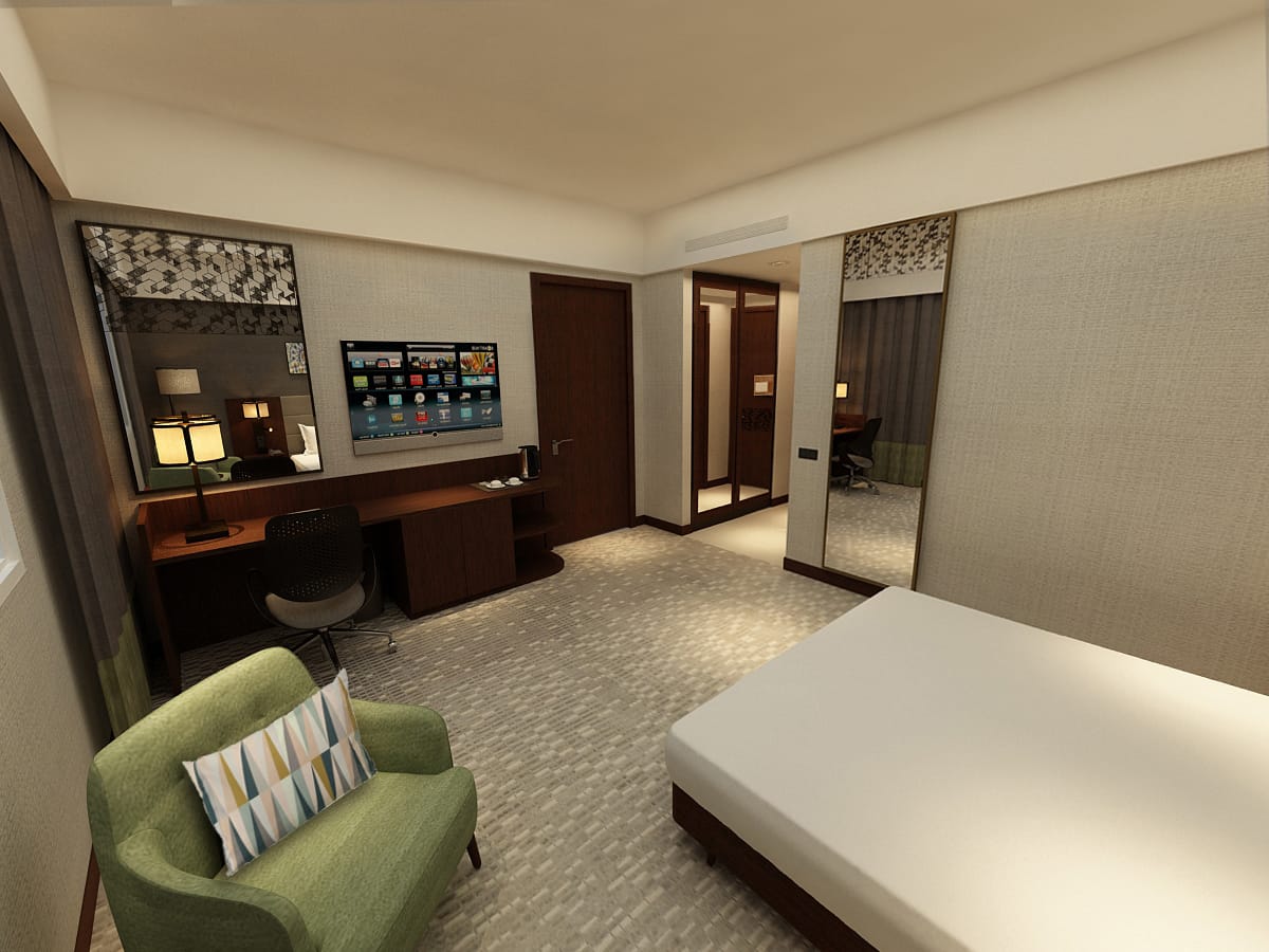 Grand Lux Hotel Doha TV unit writing desk wardrobe and armchair