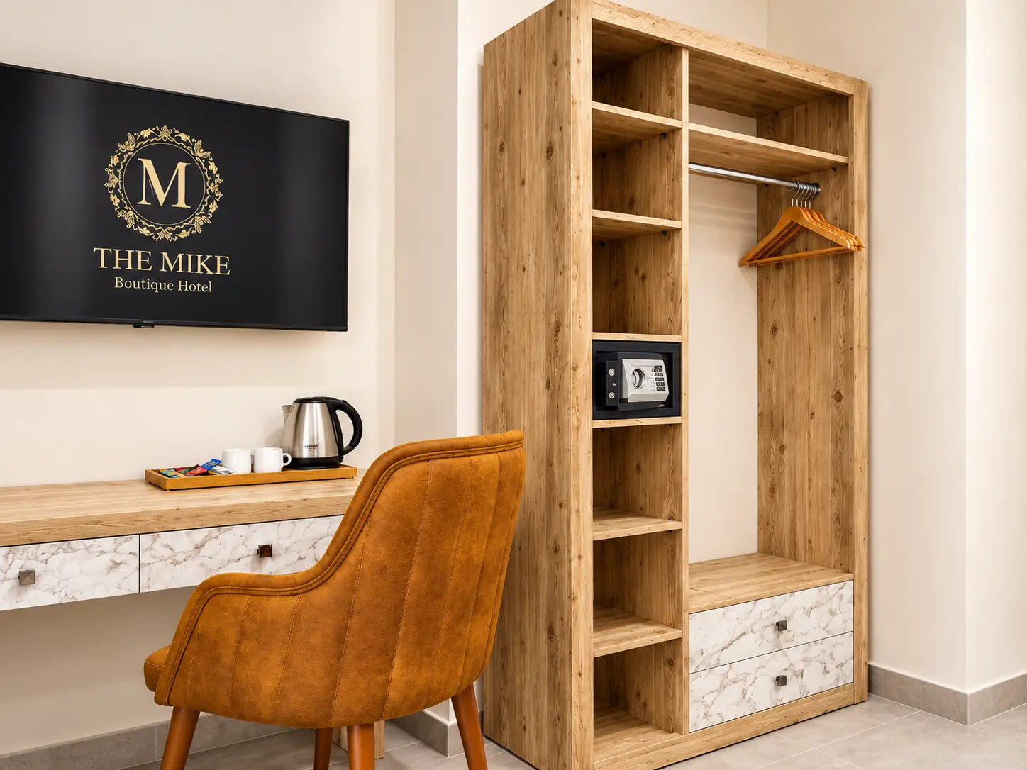 Custom wardrobe desk safe and hospitality furniture at The Mike Hotel Malta