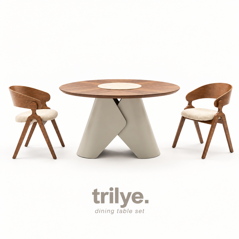 Trilye round dining table set with upholstered chairs for hotel restaurant and hospitality projects